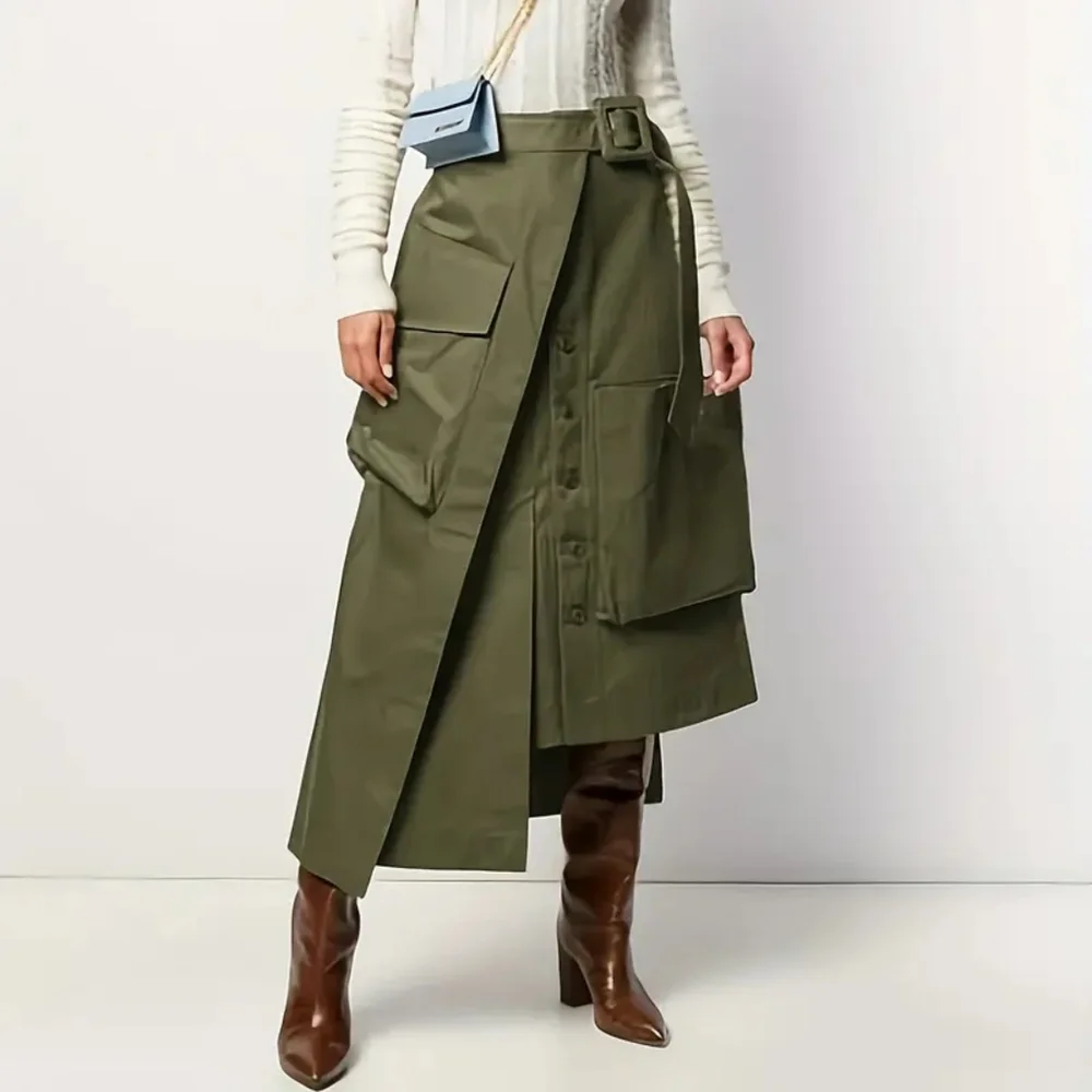 Elegant women's midi skirt with belt and functional pockets - Picture 2 of 4